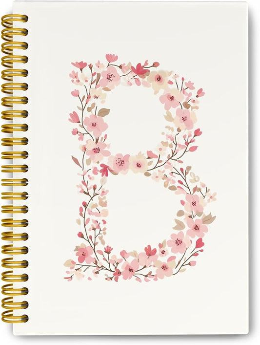 Pink Cute Spiral Notebook Journal, Preppy Floral Initial Letter B Personalized Journaling Notebooks, Monogrammed Gifts for Women Girls, Botanical Hardcover Spiral Lined Notebook 5.5 x 8.3