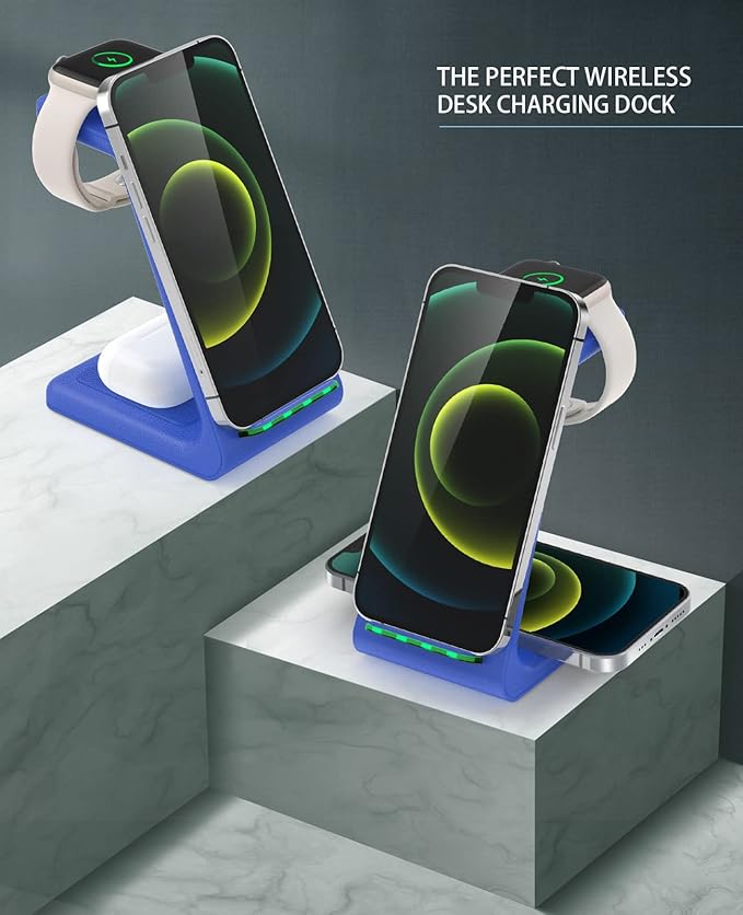 3 in 1 Wireless Charging Station, 2025 Upgraded Fast Desk Charger Station for iPhone 17 16 15 14 13 12 Pro Max Plus, Charger Stand for Apple Watch 10 9 8 7 6 5 4 3 2 SE, Airpods 4 3 2 Pro(Blue)
