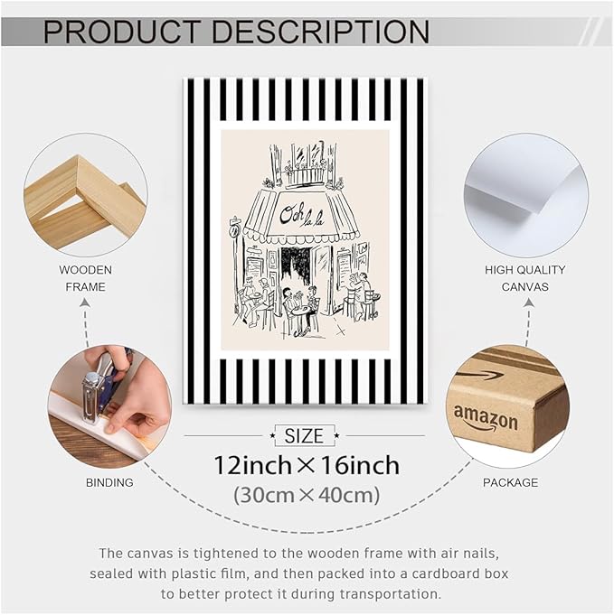Black and White Stripe Sketch Wall Art French Paris Cafe Aesthetic Poster Funky Minimalist Canvas Prints 12X16 inch Framed for Kitchen Coffee Bedroom Wall Decor