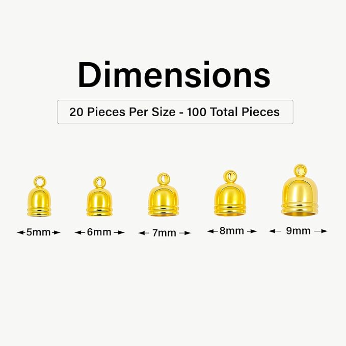 Mandala Crafts Gold Tone Leather Cord End Caps for Jewelry Making, Tassel Caps, 5mm to 9mm 100 PCs Bell Cord Ends, Kumihimo Supplies and Jewelry Findings