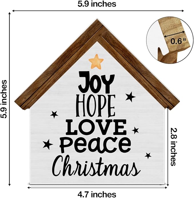Joy Christmas Sign Decor, Joy Hope Love Peace House Shaped Wooden Sign, Rustic Christmas Decorations for Desk Table Shelf
