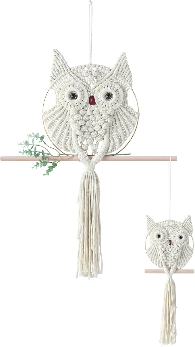 MVSUTA Owl Ivory Cotton Handmade Macrame Wall Hanging Tapestry Home Decor Art and Beige Craft Wonderful Decoration Woven Boho Ornament for Office Bedroom Apartment Living Cream Nursery Gallery,2pcs