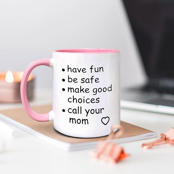 QASHWEY Funny Call Your Mom Coffee Mug, College Freshmen Students Graduation Gift, Call Your Mom Coffee Cups Ceramic 11 Ounce, College Gift Tea Mug Cup, Gifts for College Freshmen Girls Boys(Pink)