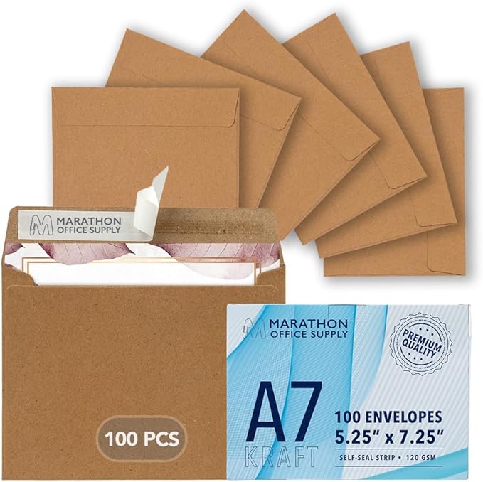 MOS A7 Kraft Envelopes 5.25 x 7.25 Inch 100 Pack — Brown Self-Seal Heavyweight Invitation Envelopes for Weddings, Greeting Cards, Thank You Cards, Photos, Business Mailings