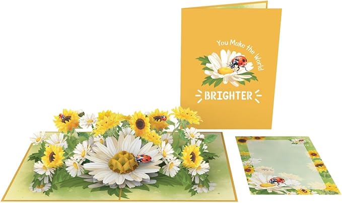 iGifts And Cards You Make the World Brighter Ladybug 3D Pop-Up Card – 6"x8" Sunflower & Daisy Bouquet with Notecard – Uplifting All-Occasion Greeting for Friends, Her, Encouragement, or Just Because