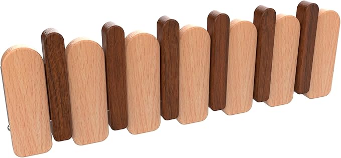 Wall Mounted Coat RackHooks Piano Key Hangers Natural Solid Wood Hanger Non-Woven Fabric Clothes Hangers for Closet, Kitchen, Bedroom, Bathroom, Entryway (Moon Walnut-Beech, 6 Hooks)