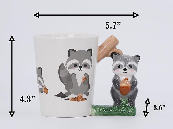 Ceramic Mug for Home & Office, Creative Porcelain 3D Animal Cup with Handle for Coffee, Tea, Juice, Milk & Water, 13.5 oz. Raccoon Mug Gift, 4.3" H