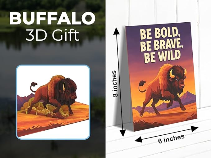 iGifts And Cards Be Bold Be Brave Be Wild Bison Pop Up Card – 3D Buffalo Mountain Scene for Graduation, Promotion, New Job – Encouragement Gift for Men, Nature Lovers, Adventurers – 6”x8” w/Notecard