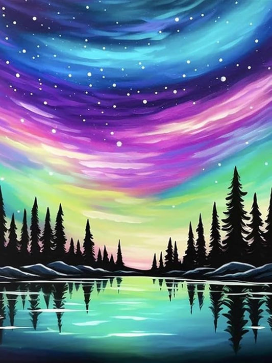 NWQZBYHT Aurora Lake Diamond Art Kits for Adults,Tree Starry Sky 5D Diamond Painting Kits for Beginner,DIY Round Full Drill Diamond Dots Painting Gem Art for Adults Crafts Home Wall Decor 12x16 Inch