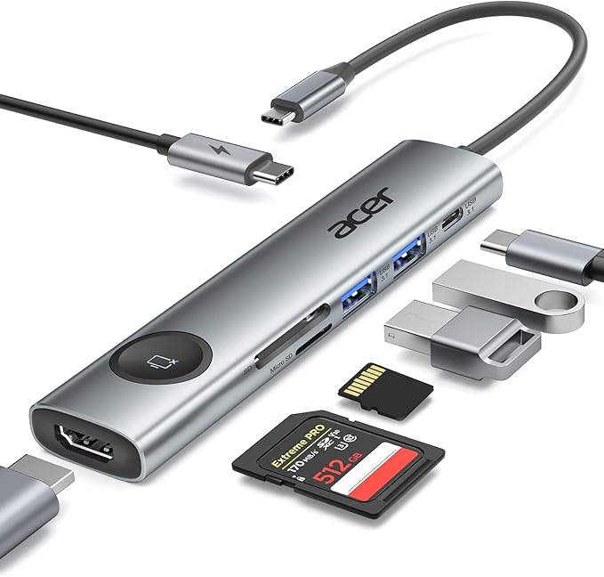 Acer USB C Hub, 7 in 1 USB-C to HDMI Multiport Adapter 4K@60Hz, 100W PD, 2 USB A 3.1 + Type-C 3.1 5Gbps Data, SD Card Reader, USBC Dongle Compatible with Acer/Dell XPS/HP/Mac/Surface etc
