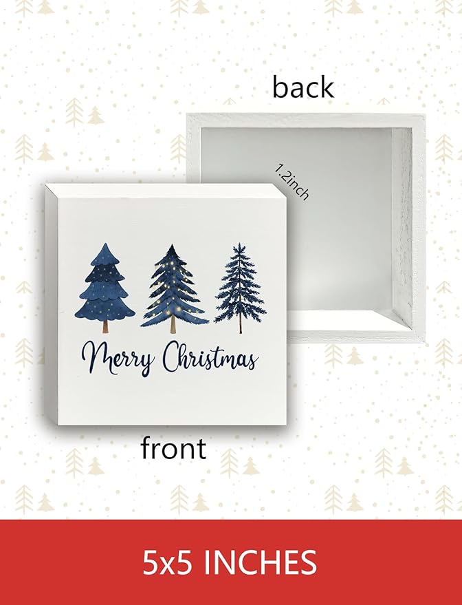 Navy Blue Christmas Tree Wooden Box Sign, Blue Christmas Decor, Rustic Merry Xmas Tree Winter Holiday Wood Signs for Home Office Desk Shelf Tabletop Decor, 5x5 Inch Decorative Signage