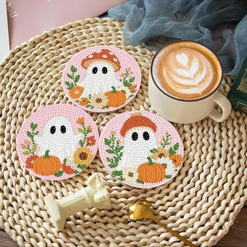 8 Pcs Halloween Diamond Art Coasters Kits with Holder 4X4 Inch - Image 2