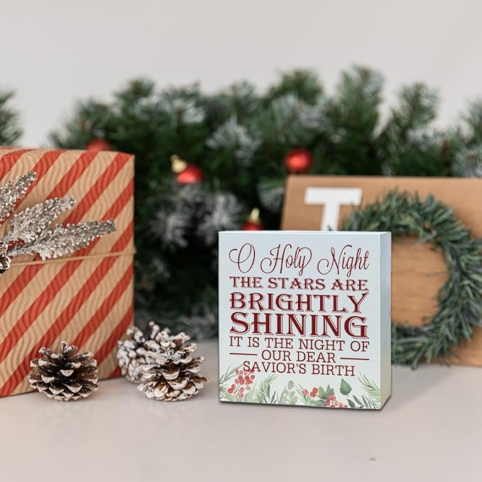 Christmas Christian Wooden Desk Decor Sign, O Holy Night The Stars Are Brightly Shining Wooden Box Sign, Religious Holiday Tabletop Home Plaque, Christmas Decoration 5x5 Inches