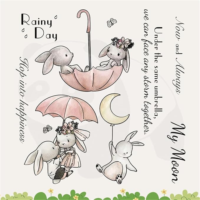Couple Rabbit Umbrella Stamps and Cutting Dies for Card Making DIY Transparent Silicone Clear Stamp and Metal Die Cuts Sets for Scrapbooking Paper Greeting Cards Decor Seals Craft Supplies
