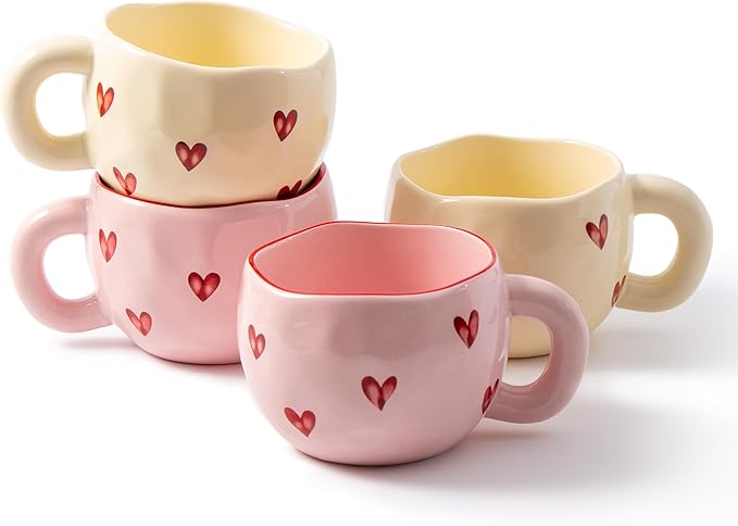 4pcs Cute Ceramic Coffee Mug, 9.4OZ Pink Yellow Porcelain Tea Mugs, Ceramic Hearts Cup Sets for Matcha, Dishwasher & Microwave Safe, Gift for women(Love)