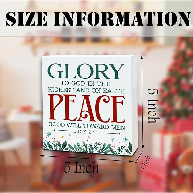 Christmas Christian Wooden Desk Decor Sign, Glory to God in The Highest and on Earth Peace Goodwill Toward Men, Christmas Home Plaque for Living Room Bedroom Tabletop Decor 5x5 Inches