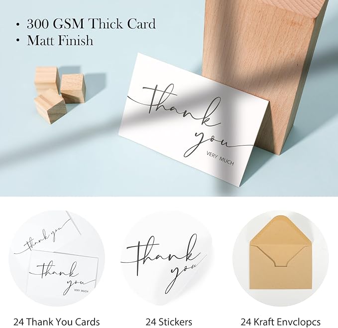 24 PCS Thank You Cards With Envelopes,4x6 Inch Minimalistic Design, Thank You Notes for Wedding,Bridal Shower, Business, Baby Shower, Small Business, Funeral, Graduation(White)
