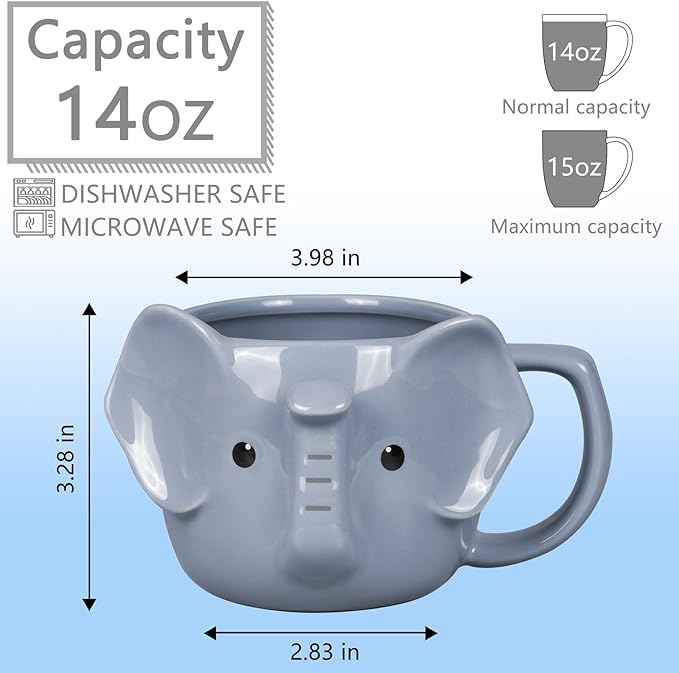 Elephant Mug 14 oz Cute Ceramic Coffee Mug 3D Porcelain Tea Mug for Women Kawaii Cup Elephant Gifts Christmas Gifts Housewarming Holiday Birthday Gifts for Women Mom Kids Men and Friend