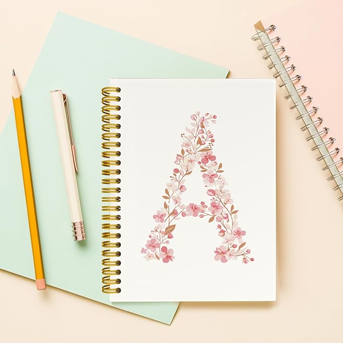 Pink Cute Spiral Notebook Journal, Preppy Floral Initial Letter A Personalized Journaling Notebooks, Monogrammed Gifts for Women Girls, Botanical Hardcover Spiral Lined Notebook 5.5 x 8.3