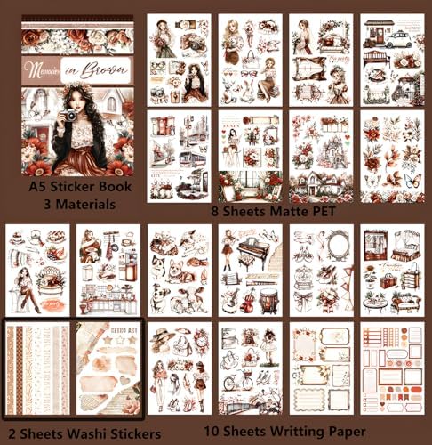 YagCu Journal Stickers, Brown Memories Scrapbook Stickers, Junk Journal Supplies, Pre-Cut Aesthetic Scrapbooking Stickers for Adults, Decorative Ephemera Bullet Planner DIY Arts Craft - Image 5