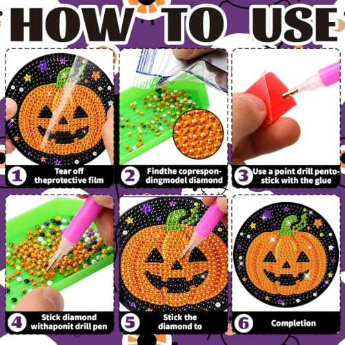 8 Pcs Halloween Diamond Art Coasters Cute Cat Spider Pumpkin Bat Ghost Diamond Art Painting Coasters with Holder DIY Crafts Kits for Halloween Party Decor Gift - Image 3