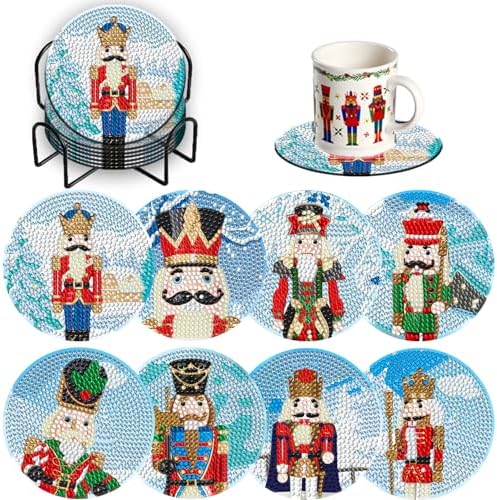 8 Pcs Christmas Nutcracker Diamond Art Coasters Kit Wooden Cup Mats by Demonwer