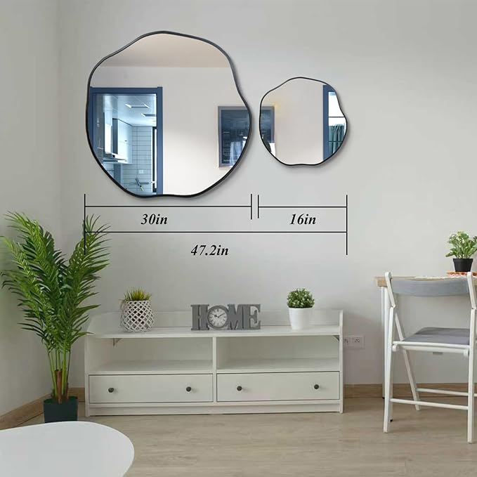 POZINO Irregular Shaped Mirror, 16" Small Asymmetrical Mirrors, Black Scalloped Rounded Mirror, Modern Frameless Abstract Mirrors for Bathroom Living Room Bedroom Entryway Fireplace