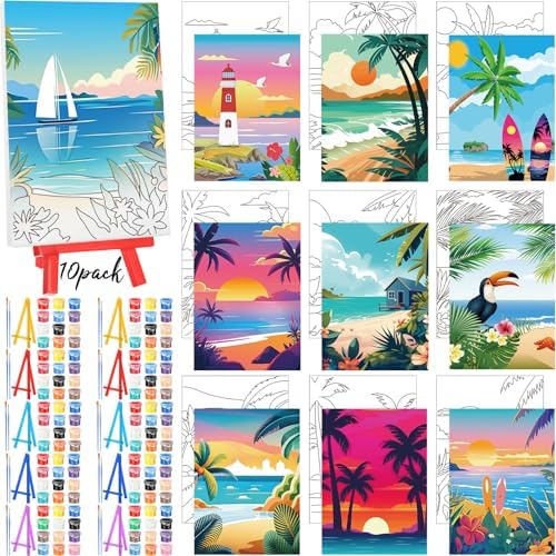 Blosssound 10 Set Pre Printed Canvas Pre Drawn Canvas Painting with Easel Kits 5" x 7" Outline Painting Panels for Beginners, DIY Craft Project, Party Favor, Home Decors(Landscape) by Blosssound
