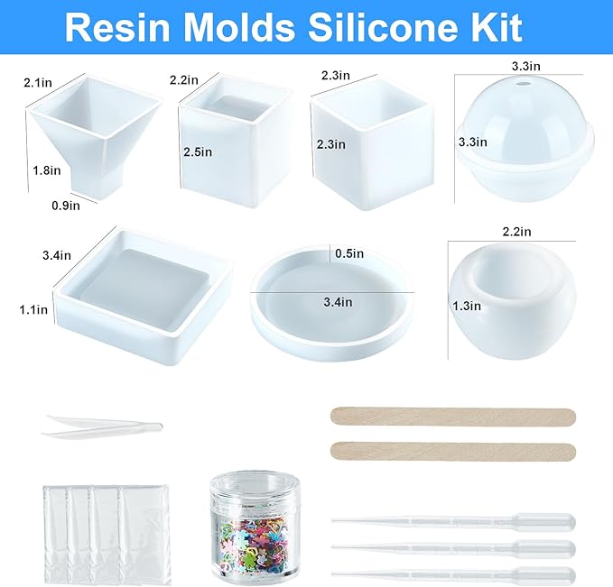 Resin Molds Silicone Kit 20Pcs,Epoxy Resin Molds Including Sphere,Cube,Pyramid,Square,Round, Used for Create Art,DIY,Coasters,Candles.Bonus Decorative Sequins and The Complete Set Tools