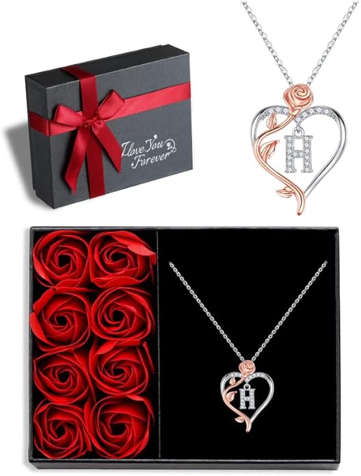 Iefil Stocking Stuffers for Women Wife - 925 Sterling Silver Rose Heart Initial Necklace, Christmas Anniversary Birthday Gifts for Women, Jewelry Gift for Her Wife Girlfriend Mom Daughter