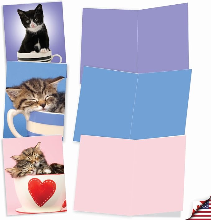 The Best Card Company - 10 Adorable Blank Cat Cards (4 x 5.12 Inch) - Cute Pet Kittens, Assorted Bulk Notecard Set - Cup-Cats M3969
