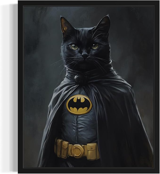 Superhero Cat Art Poster Print, Cat Kitten Painting Humor Portrait Pet Artwork Decor Gallery A8 (Superhero Cat, 8 x 10 inches, Black Frame)