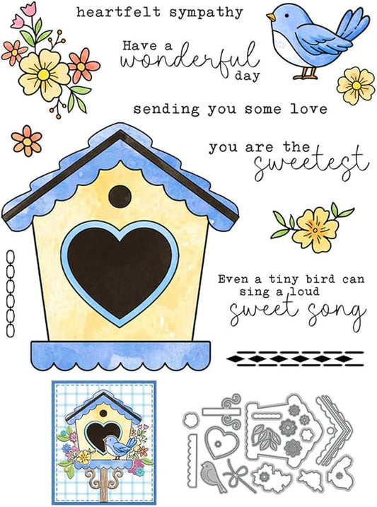 Birdhouse Flower Stamps and Cutting Dies for Card Making DIY Transparent Silicone Clear Stamp and Metal Die Cuts Sets for Scrapbooking Paper Greeting Cards Decor Seals Craft Supplies