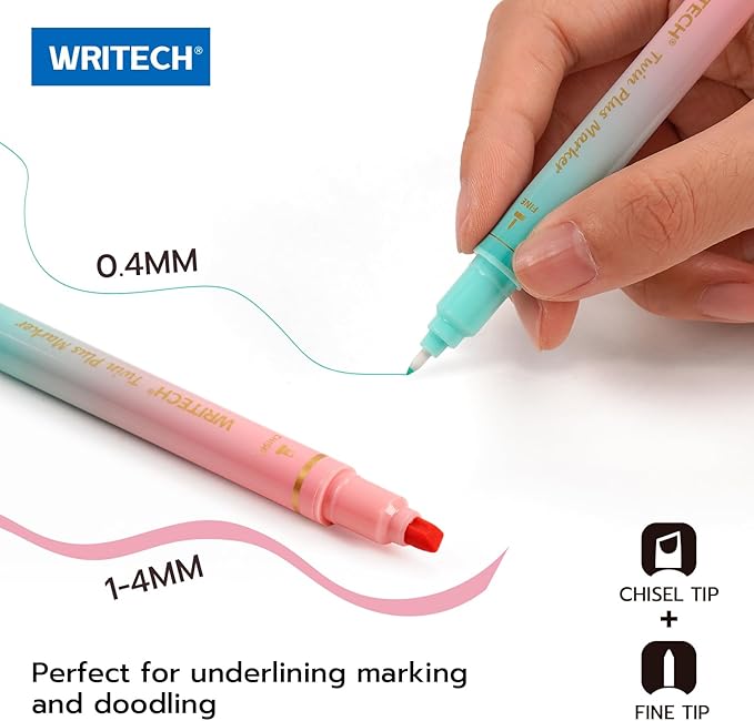 WRITECH Dual Tip Highlighter Markers: Aesthetic Fine & Chisel Tip Assorted Pastel Colors Marker Multicolor Pens Pack for Bible Highlighting Journaling Drawing 12ct.