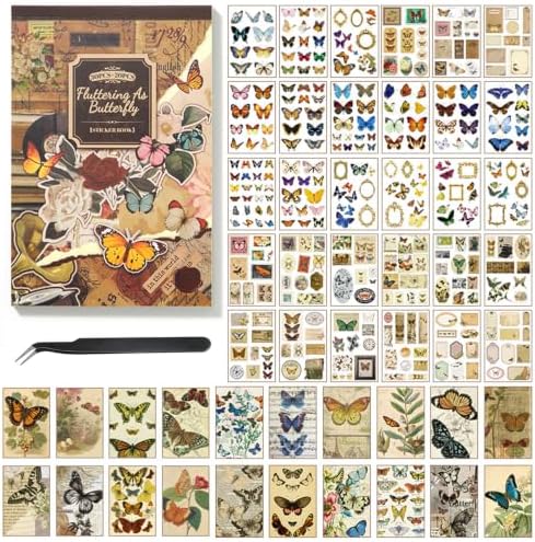 Butterfly Washi Sticker Book for Journaling, 30 Sheets 500+ Vintage Scrapbook Stickers for Junk Journal Supplies, 20 A5 Scrapbook Paper for DIY Arts and Crafts, Aesthetic Sticker Book for Adults Women by Ahmagen