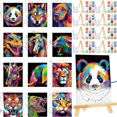 Zhanmai 72 Pcs 12 Sets Sip and Paint Kit Pre Drawn Canvas for Painting 8" x 10" Paint Party Canvas Painting Pre Printed Canvases for Party Favor DIY Virtual Adult's Date Night(Colorful Animals) by Zhanmai
