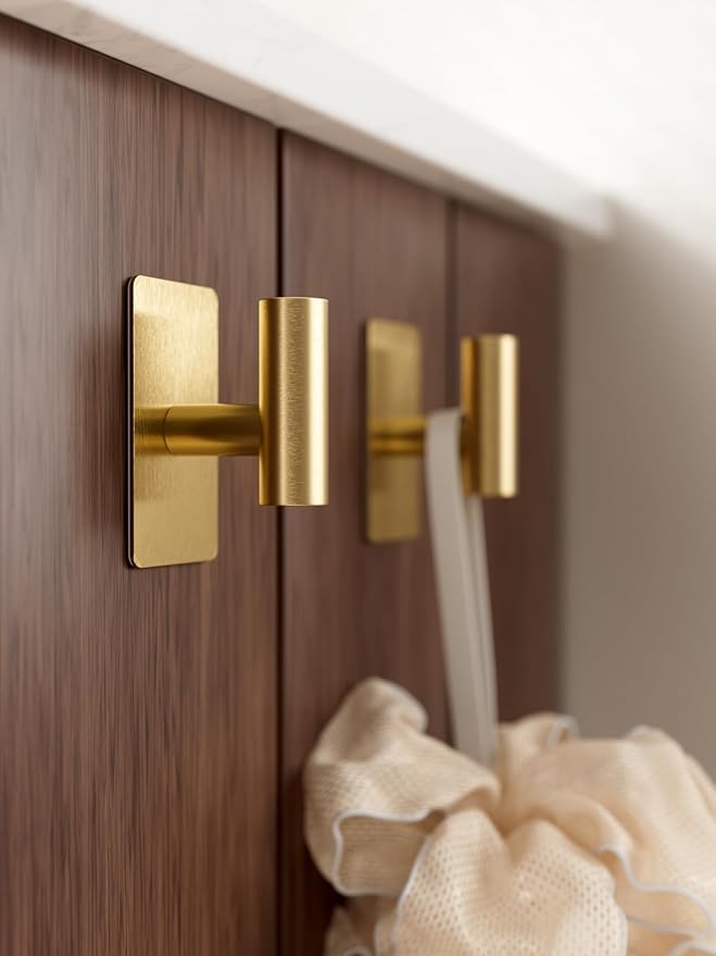 Towel Hooks for Bathrooms – 4 Pack, Brushed Gold Finish, T-Shaped Stainless Steel Adhesive Wall Hooks for Robes & Towels in Kitchen, Shower, or Closet