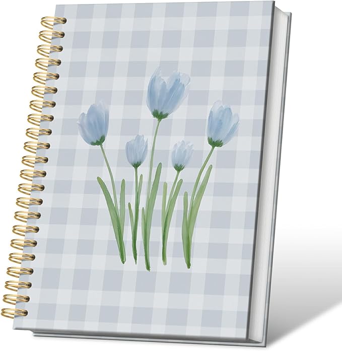VONTP Blue Tulip Floral Spiral Notebook, Preppy Tulip Flower Aesthetic Journal, Blue Checkered Floral College Ruled Notebook Journal for Writing, 5.5x8.3