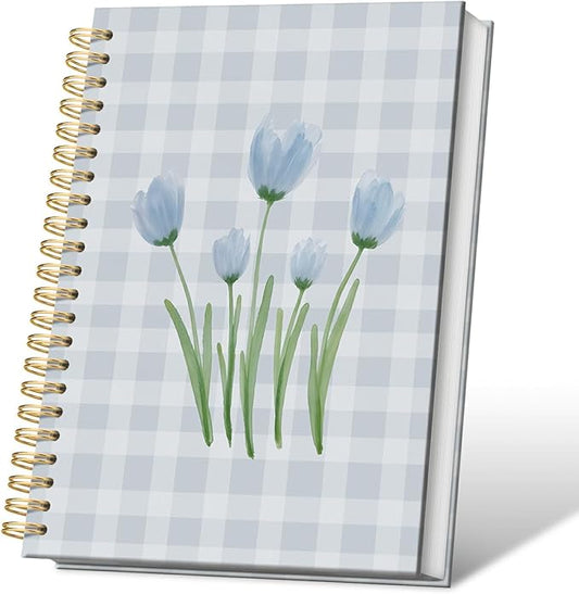 VONTP Blue Tulip Floral Spiral Notebook, Preppy Tulip Flower Aesthetic Journal, Blue Checkered Floral College Ruled Notebook Journal for Writing, 5.5x8.3