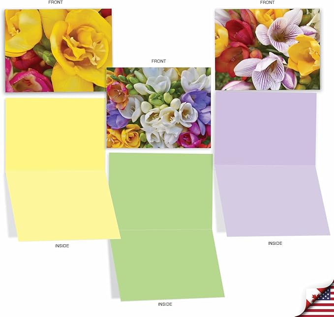 The Best Card Company - 10 Blank Note Cards with Flowers (4 x 5.12 Inch) - Floral Notecards, All Occasion Boxed Assortment - Fanciful Freesias M3040