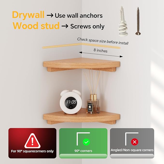 Floating Corner Shelves Oak 8", Solid Oak Wall Mounted Wooden Display Storage Rack with Wire Hole for Plants, Photos, Speakers, Bedroom, Kitchen, Living Room Décor - 2-Pack