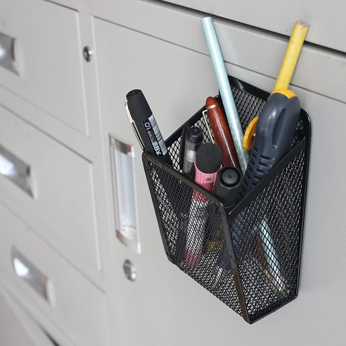Mantouxixi 2 Pack Magnetic Pencil Pen Holder, Rectangle Metal Mesh Basket Storage Organizer with Extra Strong Magnet to Hold Refrigerator, Whiteboard, Locker Accessories, Office Supplies - Black