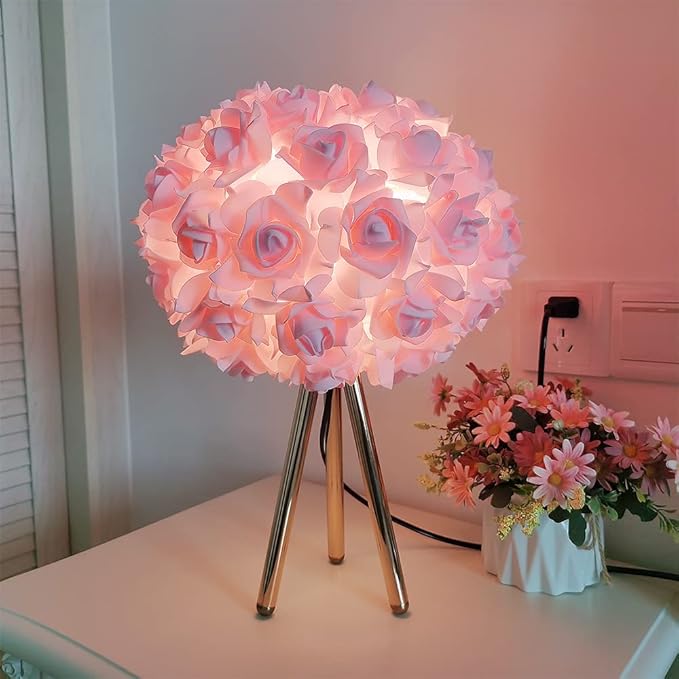 Pink Rose Flower Lamp Cute Table Lamp Flower Desk Lamp Floral Bedside Nighstand Light Atmosphere Girls Princess Lamp with Gold Tripod for Bedroom Wedding Christmas Gift Hotel Living Room