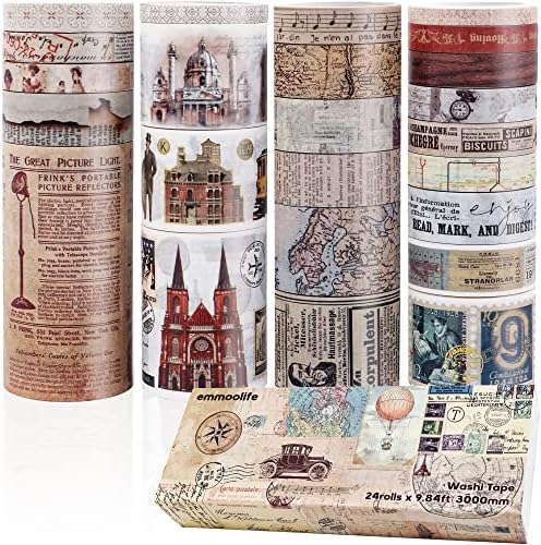 24 Rolls Vintage Washi Tape Set, Antique Car Buildings Map Stamp Stripe Writable Aesthetic Washy Decorative Tapes for Scrapbooking, Junk Journal Supplies, Bullet Journaling 5-75mm Wide (3m Long)/Roll - Image 2
