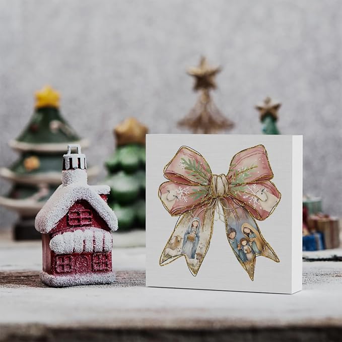 Pink Jesus Christmas Coquette Bow Decor, Pink Christmas Decorations Home Office Decor for Table Shelf 5 x 5 inch