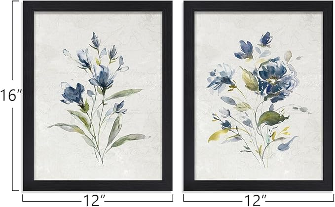 JOWOROLO Botanical Prints Wildflower Prints Blue Floral Wall Art - Set of 2-12x16 -Framed