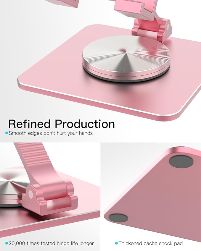 Cell Phone & Tablet Stand for Desk, Aluminum Adjustable Holder for iPhone, iPad & Smartphones || Foldable Mount with 360° Swivel, Stable Base & Portable Design for 4–9.7in Devices, Pink