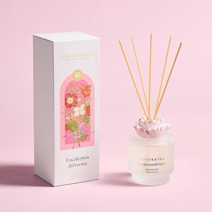 COCORRÍNA Gypsum Flower Reed Diffuser – Eucalyptus & Freesia Scent, 6.76 oz Oil with 8 Sticks, Long-Lasting Home Fragrance for Bathroom Décor