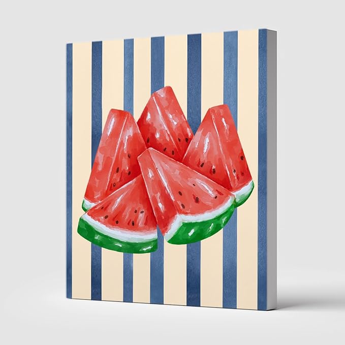 Watermelon Watercolor Wall Art – Fresh Summer Fruit Canvas Print – Blue Stripe Kitchen Decor – Watermelon Slice Illustration Poster 24x32inch-Framed