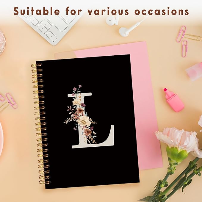 Lacama Cute Initial Letter L School Notebook Journal, Aesthetic Wildflower Personalized Black Spiral Notebook, School Supplies, Customized Monogrammed Gifts, Birthday Gifts for Women, Office Supplies
